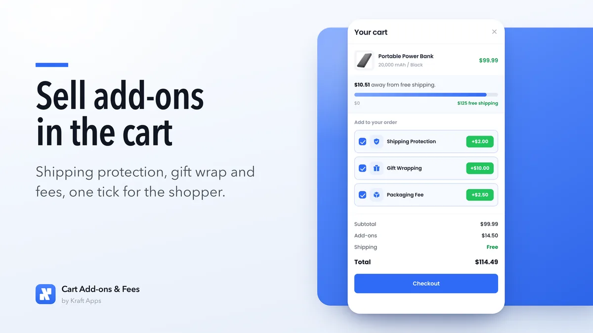 Screenshot 1 of the Kraft: Cart Add-ons & Fees listing, 1600 by 900