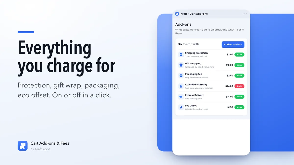 Screenshot 2 of the Kraft: Cart Add-ons & Fees listing, 1600 by 900