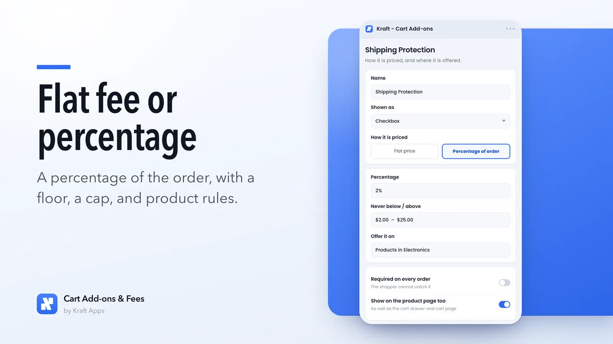Screenshot 3 of the Kraft: Cart Add-ons & Fees listing, 1600 by 900