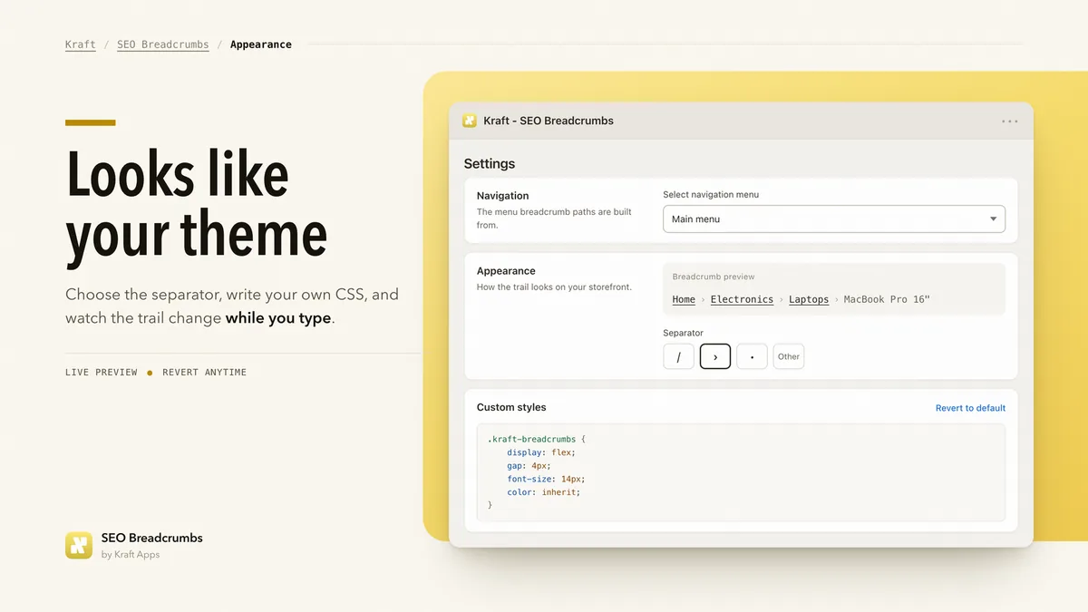 Screenshot 4 of the Kraft: SEO Breadcrumbs & Nav listing, 1600 by 900